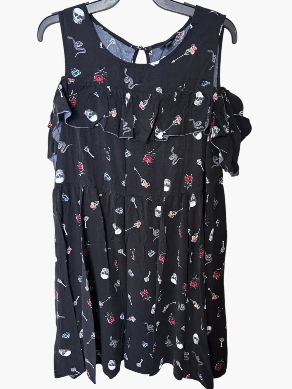 Torrid Black Skull Snake Rose Print Cold Shoulder Babydoll Dress Sz 3 / 3X